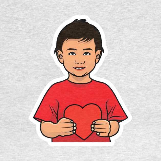 Cute Boy Holding Heart with Showing Emotion Sticker design vector illustration. People holiday icon concept. People holding hearts. People expressing love concept. by AlviStudio